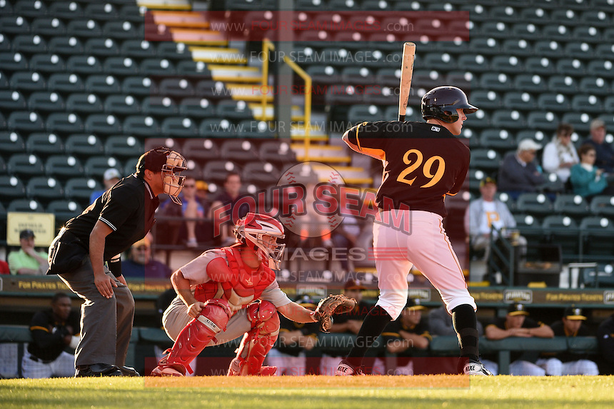 Bradenton Marauders first baseman Jordan Steranka (29) at bat in front of catcher catcher Casey Rasmus (5) and umpire Charlie Ramos during a game against the Palm Beach Cardinals on April 9, 2014 at McKechnie Field in Bradenton, Florida. Palm Beach defeated Bradenton 3-1. (Mike Janes/Four Seam Images)