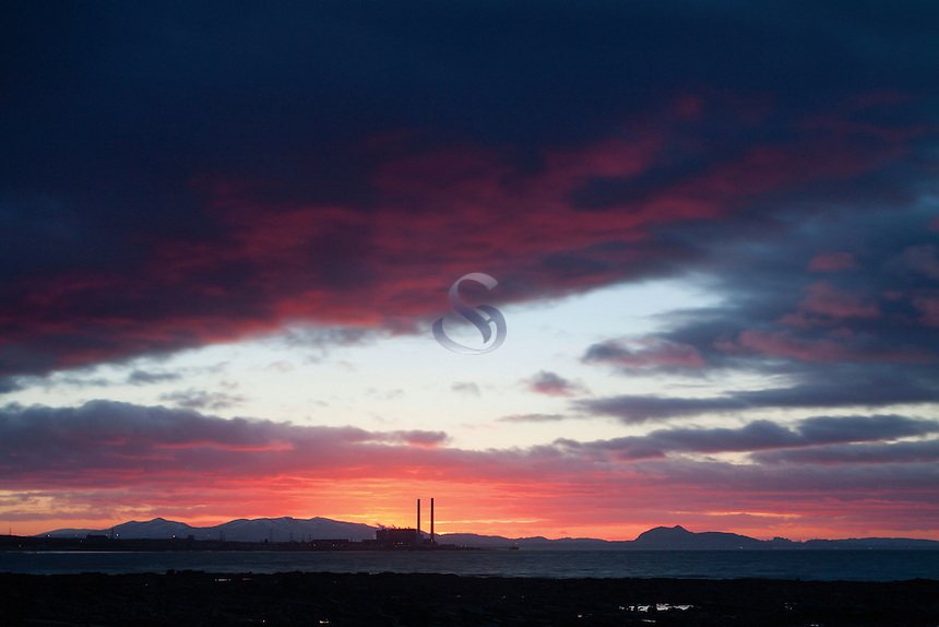 Cockenzie Power Station and Edinburgh from Longniddry Bents at sunset, East Lothian
