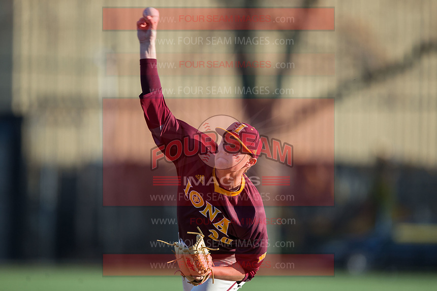 Iona Gaels starting pitcher Stephen Hansen (28) in action against the Rutgers Scarlet Knights at City Park on March 8, 2017 in New Rochelle, New York. The Scarlet Knights defeated the Gaels 12-3. (Brian Westerholt/Four Seam Images)