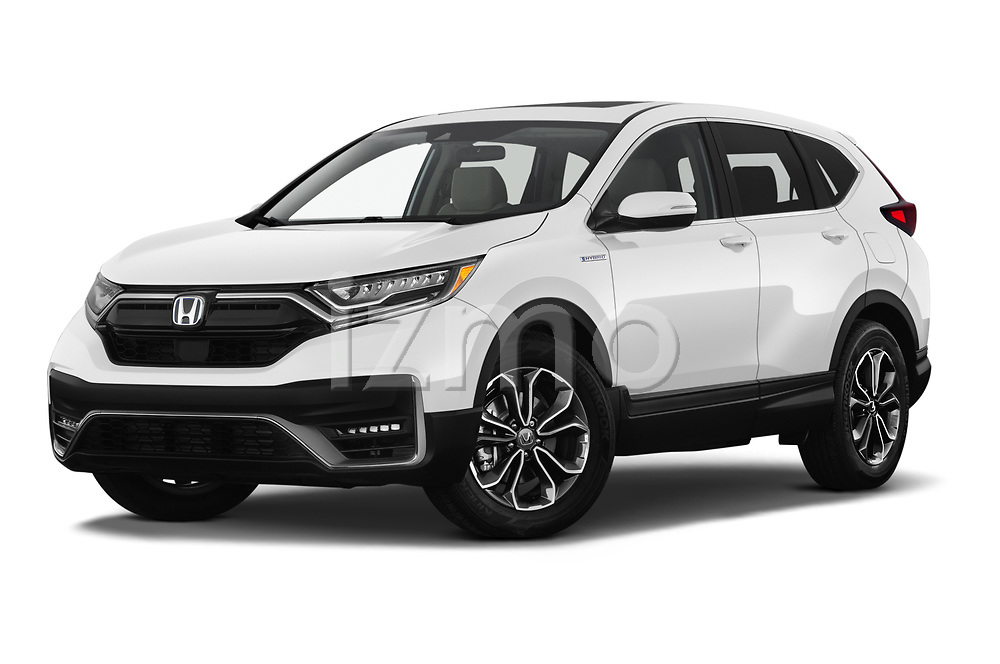 Stock pictures of low aggressive front three quarter view of 2021 Honda CR-V-Hybrid EX 5 Door SUV Low Aggressive