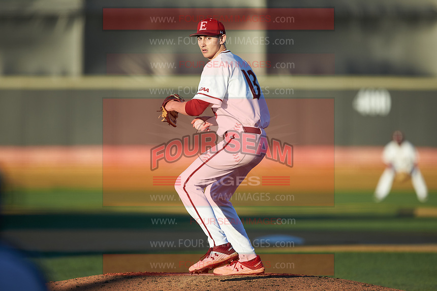Elon Phoenix starting pitcher George Kirby (13) in action against the Quinnipiac Bobcats at David F. Couch Ballpark on February 24, 2019 in Winston-Salem, North Carolina. (Brian Westerholt/Four Seam Images)