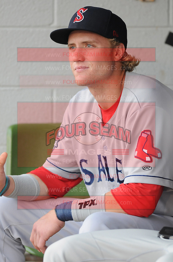 Infielder Kolbrin Vitek (5) of the Salem Red Sox, Carolina League affiliate of the Boston Red Sox, prior to a game against the Potomac Nationals on June 16, 2011, at Pfitzner Stadium in Woodbridge, Va. (Tom Priddy/Four Seam Images)