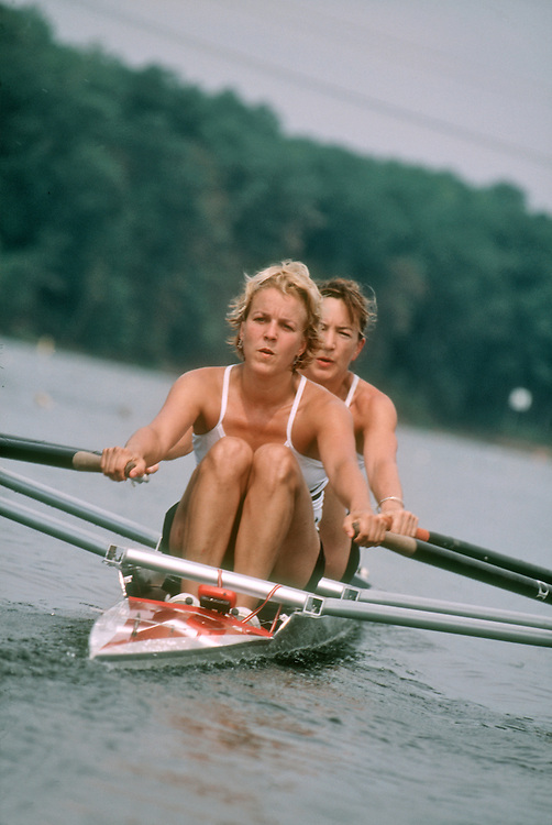 Two woman rowers rowing a double racing shell, US Masters National Regatta, Alexandria, Virginia,