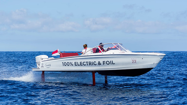 Candela C-7 Candela C-7 claims to be the world's first electric hydrofoil boat in serial production. Flying above the surface using very little energy, it has both long endurance and high speed.