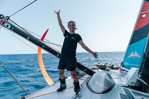 Justine Mettraux on Team Malizia in a drag race across the Ionian Sea on Friday 12 September, Day 6 of Leg 5 in The Ocean Race Europe