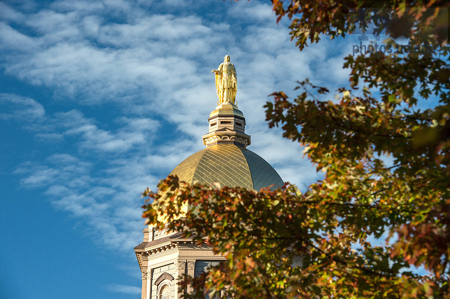 October 11, 2016; Mary statue atop the Golden Dome on the Main Building. (Photo by Barbara Johnston/University of Notre Dame)
