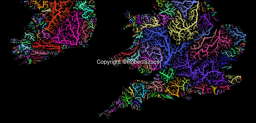 BNPS.co.uk (01202 558833)
Pic: RobertSzucs/BNPS<br />
<br />
This fascinatinting map of Britain's rivers reveals the flowing arteries of the nation. <br />
<br />
Created by Geographer Robert Szucs, the colourful map has revealed Britain's river network in a way that's never been seen before.<br />
<br />
Robert Szucs, is a geographic information system (GIS) analyst by trade and has spent most of his working life studying the geography of several different countries.<br />
<br />
Two years ago though, while working for a marine mammal research organisation in Portugal, he started to experiment at turning geographical maps into beautiful pieces of art.<br />
<br />
Robert's drawing of Britian's waterways is as striking as it is informative.