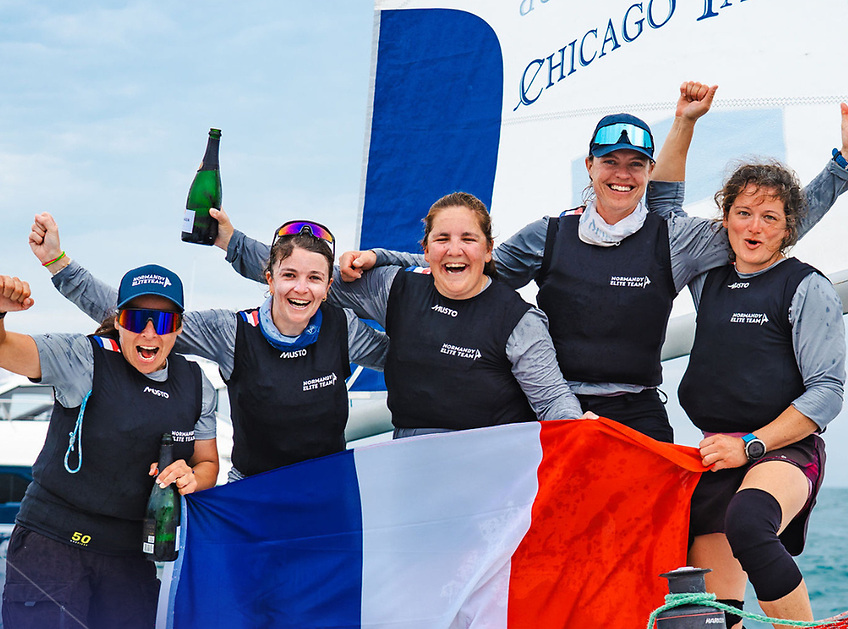 Pauline Courtois and her team celebrate their victory at the 2025 Women’s Match Racing World Championship in Chicago.