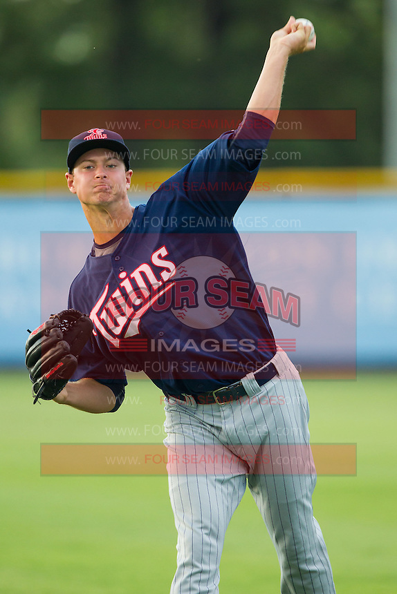 Elizabethton Twins starting pitcher Stephen Gonsalves (51) warms up in the outfield prior to the game against the Burlington Royals at Burlington Athletic Park on June 25, 2014 in Burlington, North Carolina. The Twins defeated the Royals 8-0. (Brian Westerholt/Four Seam Images)