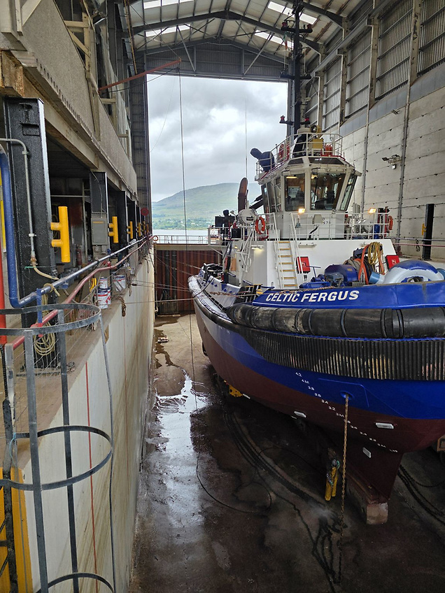 Celtic Fergus during dry-docking (5-year special) survey at the Bere Island Boatyard in southwest Cork. The 44.5 bollard pull tons (bpt) tug has since returned to Shannon Estuary duties. 