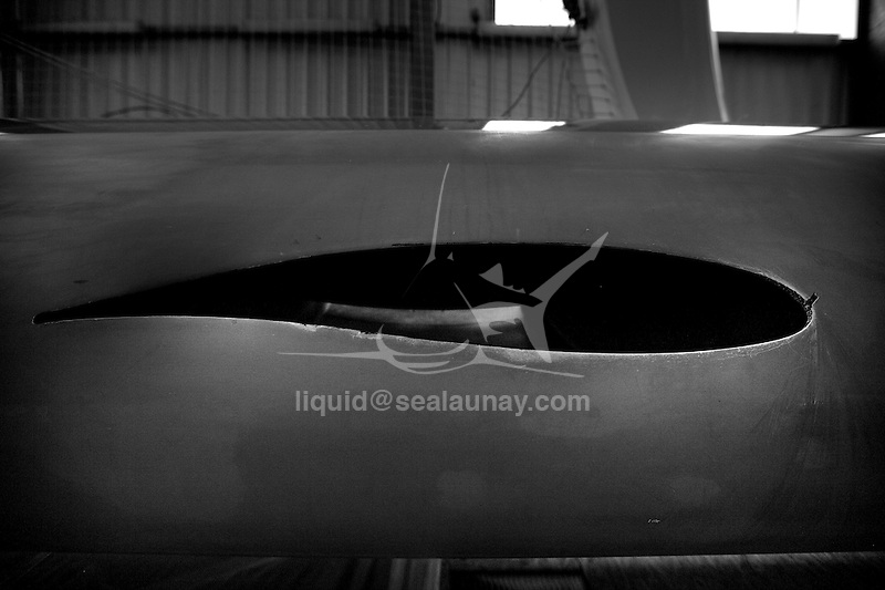 The trimaran Sodebo in a shed during a refit after an attempt around the world, in Saint Philibert, Brittany, France.