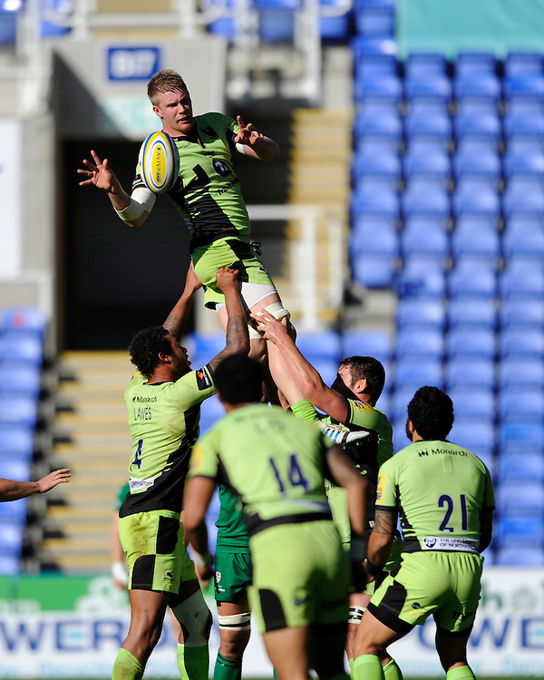 James Craig of Northampton Saints wins the lineout ball during the Premiership Rugby match between London Irish and Northampton Saints at the Madejski Stadium on Saturday 4th October 2014 (Photo by Rob Munro)