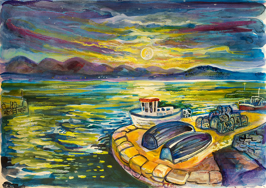 Winter harbour, Roundstone, a painting on the theme of Alexander Nimmo by artist Rosie McGurran, is currently on exhibition at Roundstone community hall, Co Galway 