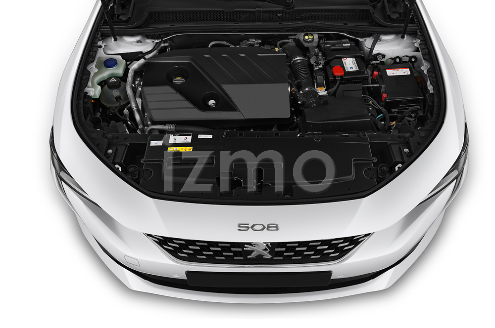 Car stock 2019 Peugeot 508 First Edition 5 Door Wagon engine high angle detail view