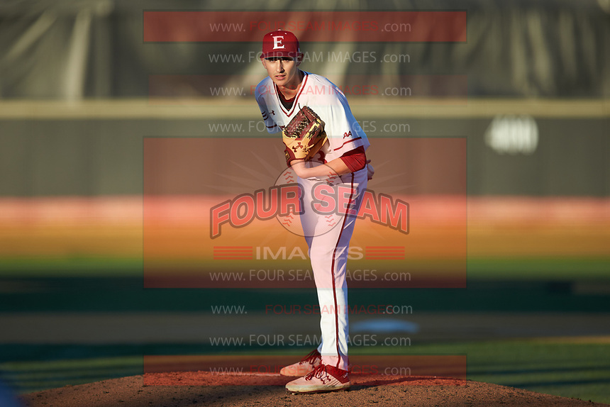 Elon Phoenix starting pitcher George Kirby (13) looks to his catcher for the sign against the Quinnipiac Bobcats at David F. Couch Ballpark on February 24, 2019 in Winston-Salem, North Carolina. (Brian Westerholt/Four Seam Images)