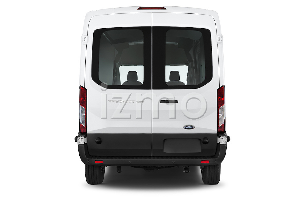 Straight rear view of a 2018 Ford Transit 250 Van Med Roof Sliding Pass. 130 WB 2 Door Van Rear View stock images