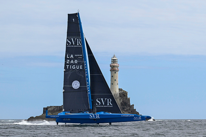 The leading multi - France's Ultim 1 SVR Lazartigue skippered by Tom Laperche - came round the Fastnet Rock at 15:22 hrs this afternoon 