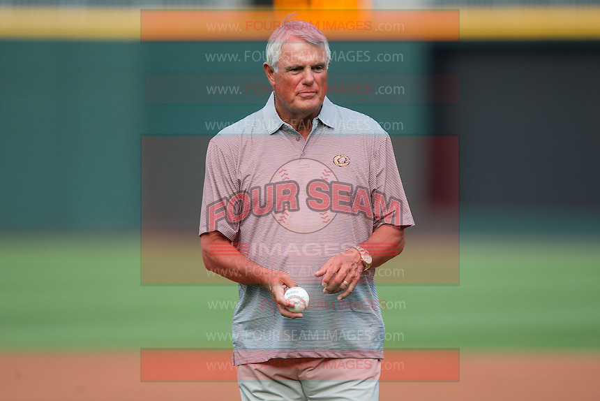 Former Major League player and manager Lou Piniella prepares to throw out a ceremonial first pitch prior to the International League game between the Syracuse Chiefs and the Charlotte Knights at BB&T BallPark on June 1, 2016 in Charlotte, North Carolina. The Knights defeated the Chiefs 5-3. (Brian Westerholt/Four Seam Images)