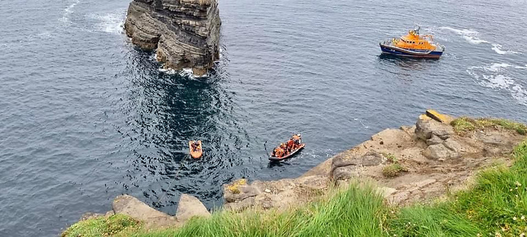 The IRCG & RNLI boats attend the scene close to Downpatrick Head in north Mayo this past September for the rescue of a sea caver The IRCG & RNLI boats attend the scene close to Downpatrick Head in north Mayo this past September for the rescue of a sea caver