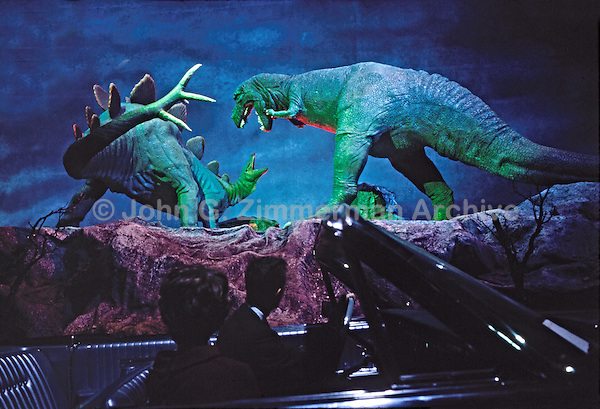 Magic Skyway exhibit, 1964 World's Fair, New York. The ride was commissioned by the Ford Motor Company, developed by Walt Disney Studios and proved a big hit with visitors. Visitors hopped into a new Ford convertible attached to a moving rail for a journey through history from the dinosaur age to the future--narrated by Walt Disney. Photo by John G. Zimmerman.