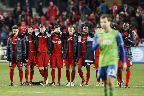 10.12.206. Toronto, ONT, Canada. MLS Football League Cup. Toronto FC teammates react after Michael Bradley #4 (not pictured) missed his penalty kick against the Seattle Sounders on December 10, 2016, at BMO Field in Toronto, ON, Canada. Seattle won 5-4 on penalty kicks.