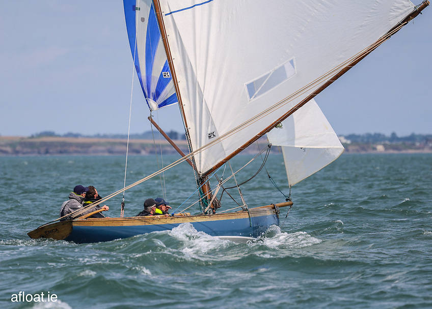 Howth 17 No.18 ‘Erica’ in race trim at Howth Yacht Club, illustrating the active heritage keelboat class as the 1988 vessel comes to market