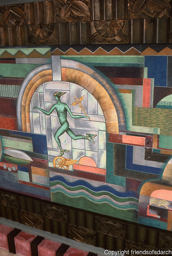 The ceiling mural of the porte-cochère, by Herman Sachs, former Bullocks Wilshire department store. <br />
Art Deco design.Photo Dec. 1987.