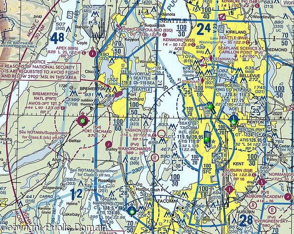 NOAA FAA VFR sectional aeronautical chart of the great Seattle, Washington metropolitan area
