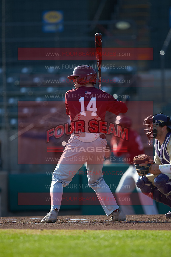 James McConnon (14) of the Saint Joseph's Hawks at bat against the Western Carolina Catamounts at TicketReturn.com Field at Pelicans Ballpark on February 23, 2020 in Myrtle Beach, South Carolina. The Hawks defeated the Catamounts 9-2. (Brian Westerholt/Four Seam Images)