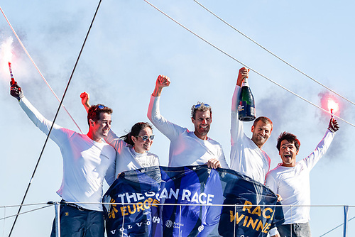 Carlos Manera Pascual, Amelie Grassi, Paul Meilhat, Benjamin Ferre and Gauthier Lebec of Biotherm celebrate winning the Coastal Race in Boka Bay, Montenegro on Saturday 20 September