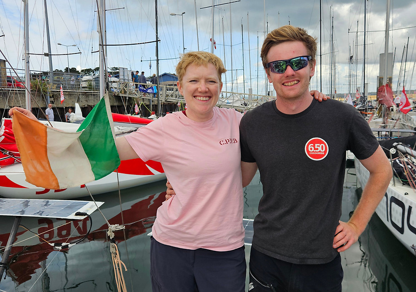 Irish solo sailors Grainne Costigan (left) and Mark O'Connor pictured ahead of the Mini Fastnet Race in June. Now the duo are sailing across the in the Atlantic Mini-Transat Challenge. 