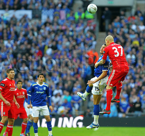 26.02.2012 London, England. Liverpool v Cardiff City. Cardiff French Striker Rudy Gestede and Liverpool Slovakian Defender Martin Skrtel in action during the Carling Cup Final game played at Wembley Stadium. Liverpool won the final on penalty kicks when Cardiff missed their 5th attempt.