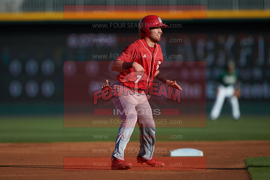 Stephen Pitarra (7) of the North Carolina State Wolfpack takes his lead off of second base against the Charlotte 49ers at BB&T Ballpark on March 29, 2016 in Charlotte, North Carolina. The Wolfpack defeated the 49ers 7-1. (Brian Westerholt/Four Seam Images)