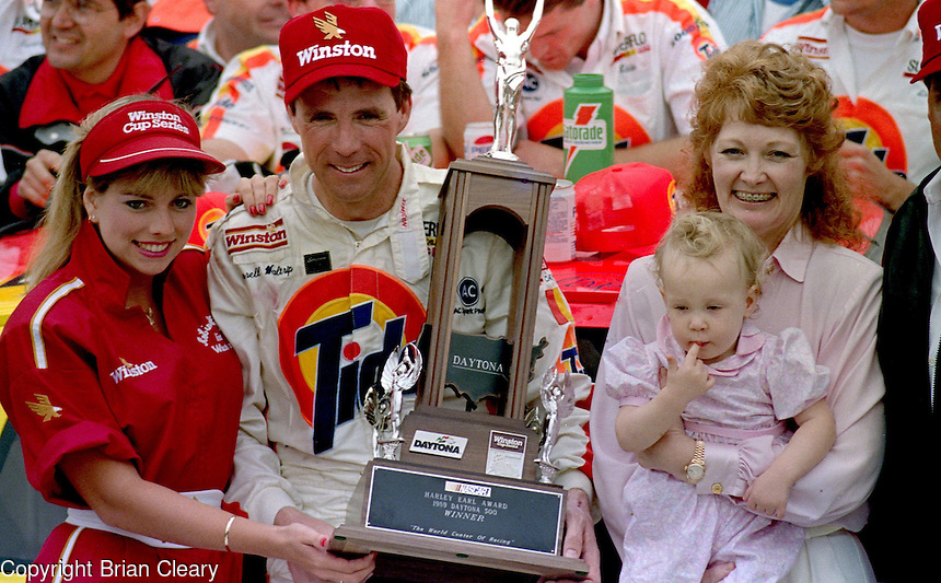 Darrell Waltrip Stephie Waltrip Jessica Waltrip victory lane Daytona 500 at Daytona International Speedway on February 19, 1989. (Photo by Brian Cleary/www.bcpix.xom)