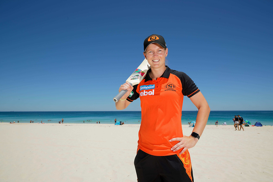 Perth Scorchers captain Meg Lanning has missed games due to a back injury but is expected to return.against the Melbourne Renegades at the WACA Ground. Saturday’s theme is “Bring the Beach to the WACA” and to help promote this Meg played beach cricket with young Scorchers fans. photo by Trevor Collens