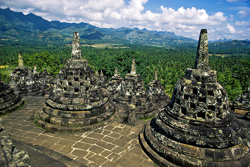Borobudur Buddhist Temple near Jogjakarta. The world's largest Buddhist temple, over 1100 years old, a man-made mountain. The world's largest stupa and the world's largest ancient monument in the southern hemisphere. Java, Indonesia.