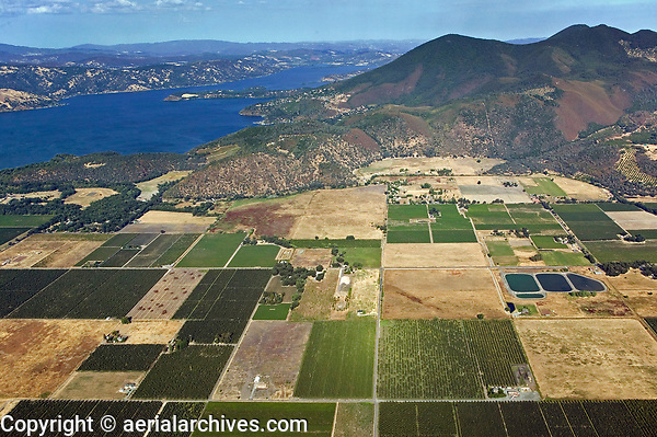 aerial photograph of the vineyards in the Big Valley District AVA in Kelseyville, with Clear Lake, and Mt. Konocti in the background, Lake County, California