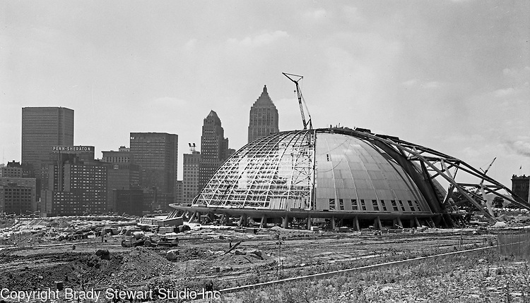Pittsburgh PA: Pittsburgh's Civic Arena Construction from 1960 thru 1961. On location photography for the Civic Light Opera, the building's primary tenant. Pittsburgh Mayor Joseph M. Barr and Hornets owner John Harris (founder of the Ice Capades) made the skating show the feature act of the Civic Arena's grand opening on September 19, 1961.
