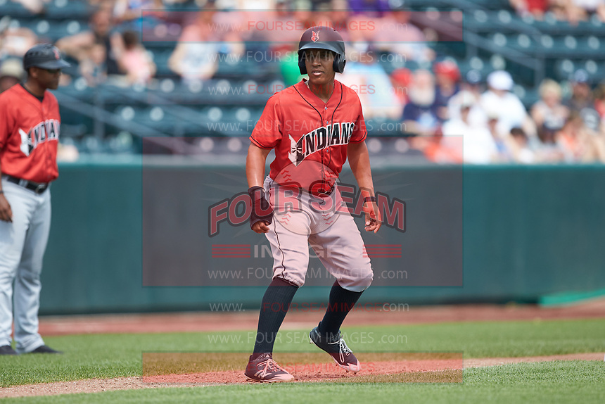 Christopher Bostick (7) of the Indianapolis Indians takes his lead off of third base against the Columbus Clippers at Huntington Park on June 17, 2018 in Columbus, Ohio. The Indians defeated the Clippers 6-3. (Brian Westerholt/Four Seam Images)