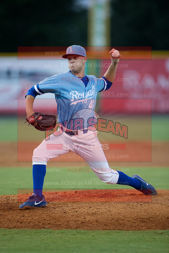 Burlington Royals relief pitcher Mark McCoy (41) in action against the Danville Braves at Burlington Athletic Park on August 13, 2015 in Burlington, North Carolina. The Braves defeated the Royals 6-3. (Brian Westerholt/Four Seam Images)