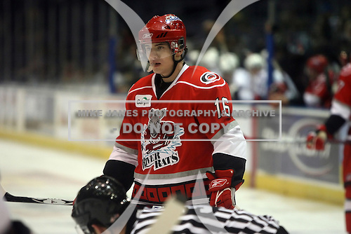 February 20th 2008: Jakub Petruzalek (16) of the Albany River Cats takes a break in the action during a game vs. the Rochester Amerks at Blue Cross Arena at the War Memorial in Rochester, NY. The Amerks defeated the River Rats 2-1 in sudden death overtime. Photo copyright Mike Janes Photography