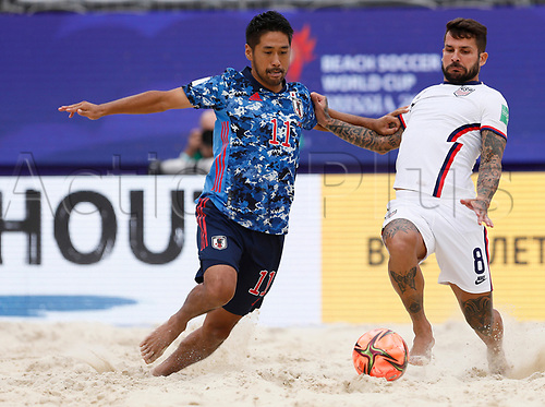 21st August 2021; Luzhniki Stadium, Moscow, Russia: FIFA World Cup Beach Football tournament; Masanori Okuyama of Japan holds off Lucas Roque of the United States, during the match between Japan and the United States, for 2nd Round of Group A