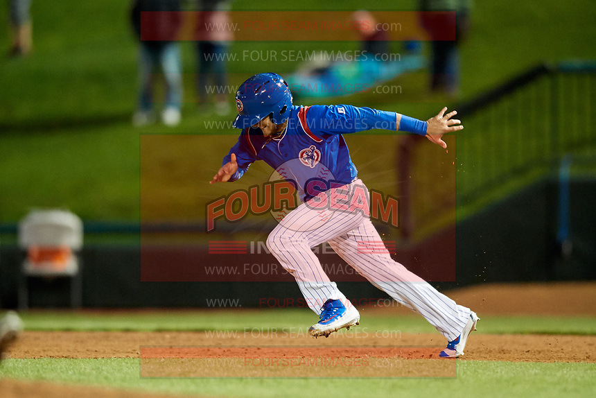 South Bend Cubs designated hitter D.J. Wilson (2) runs the bases during a game against the Clinton LumberKings on May 5, 2017 at Four Winds Field in South Bend, Indiana. South Bend defeated Clinton 7-6 in nineteen innings. (Mike Janes/Four Seam Images)