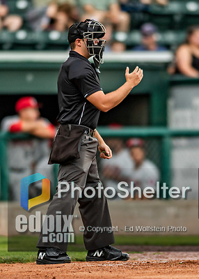 21 July 2019: Minor League Baseball umpire Paul Roemer works home plate during a game between the Tri-City ValleyCats and the Vermont Lake Monsters at Centennial Field in Burlington, Vermont. The Lake Monsters rallied to defeat the ValleyCats 6-3 in NY Penn League play. Mandatory Credit: Ed Wolfstein Photo *** RAW (NEF) Image File Available ***