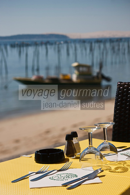 Europe/France/Aquitaine/33/Gironde/Bassin d'Arcachon/Le Cap Ferret: A la terrasse du restaurant: L'Escale, en fond le bassin et la Dune du Pilat