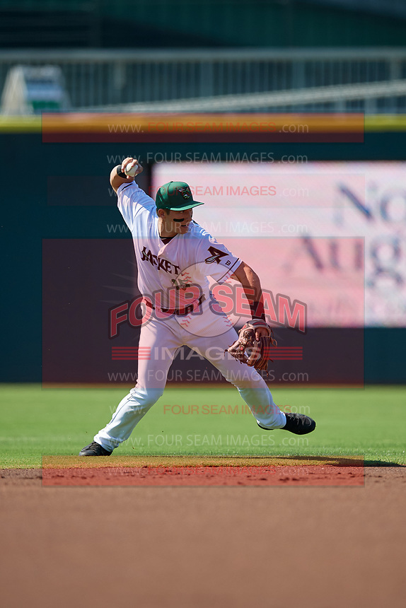 Augusta GreenJackets shortstop Shane Matheny (15) throws to first base during a South Atlantic League game against the Lexington Legends on April 30, 2019 at SRP Park in Augusta, Georgia. Augusta defeated Lexington 5-1. (Mike Janes/Four Seam Images)