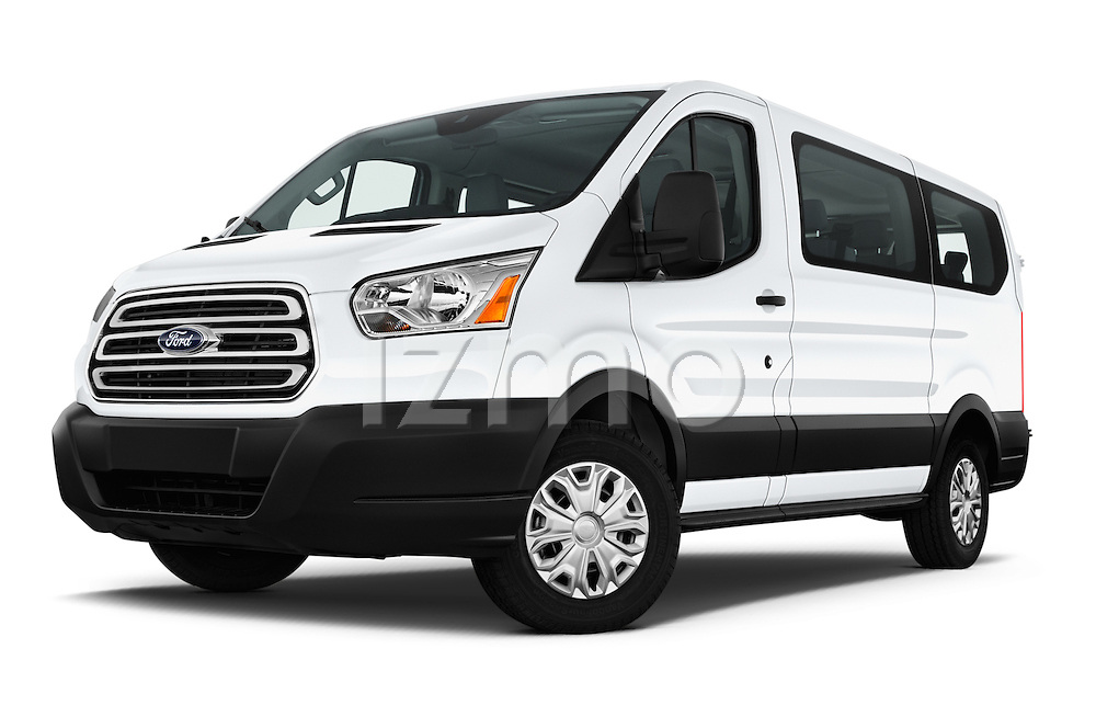 Stock pictures of low aggressive front three quarter view of 2016 Ford Transit 150-XLT-Low-Roof 4 Door Passenger Van Low Aggressive