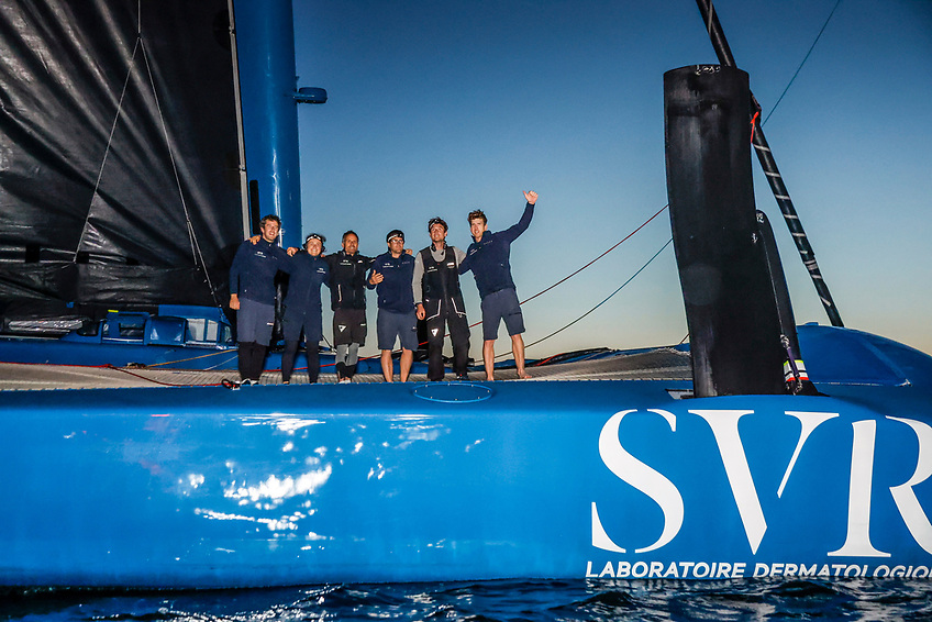 Line honours winner SVR Lazartigue arrives into Cherbourg at the Finish of the 2025 Rolex Fastnet race 