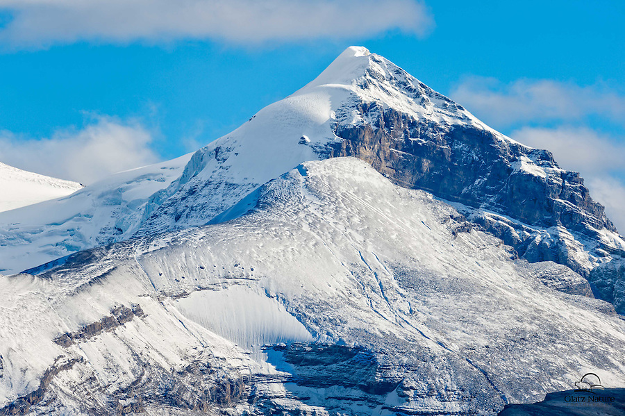 Snow-capped mountain peak overlooking Columbia Ice Field, Alberta, Canada.