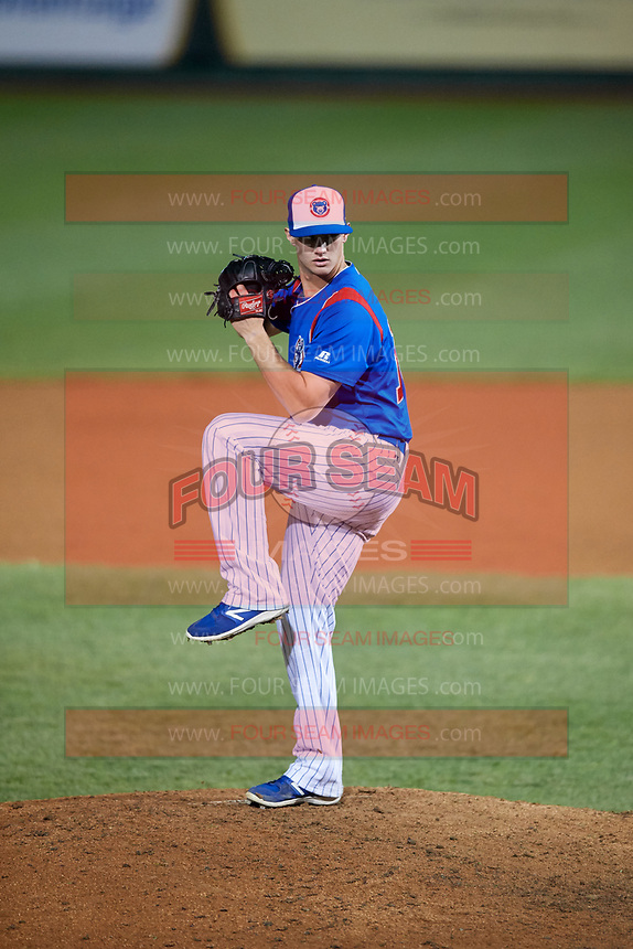 South Bend Cubs relief pitcher Chad Hockin (18) delivers a pitch during a game against the Clinton LumberKings on May 6, 2017 at Four Winds Field in South Bend, Indiana. South Bend defeated Clinton 7-6 in nineteen innings. (Mike Janes/Four Seam Images)